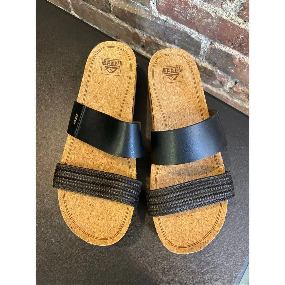 REEF • Black Vegan Leather Braided Double Strap Tan Cork/Foam 2” Sole Slide Sand